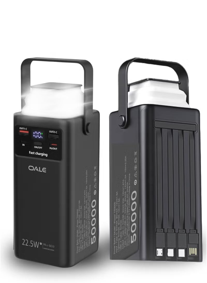 OALE 50000mAh High-Capacity Power Bank with LED Display & Camping Lamp | 22.5W Fast Charging, 4 Built-in Cables | Portable Battery Pack for iPhone, Samsung, Xiaomi & More – Black - Image 2